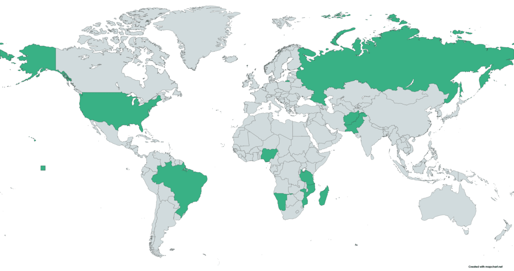 Location on world Map where Tourmaline is Found