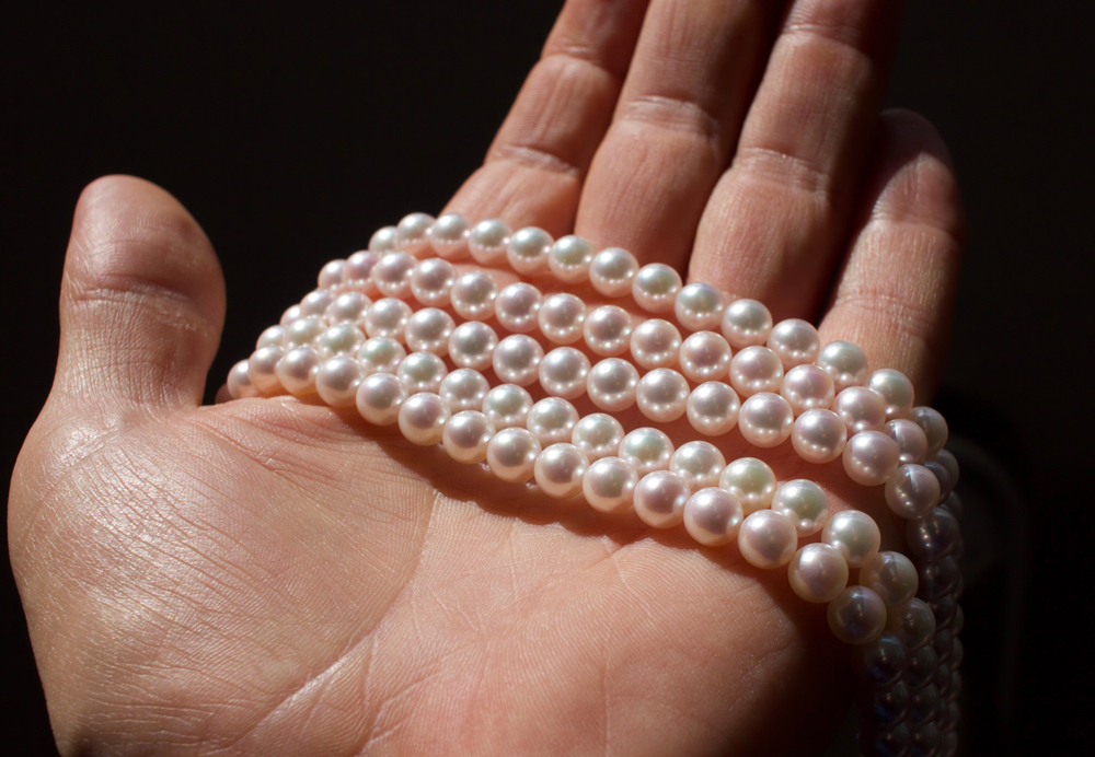 Numerous strands of cultured Japanese Akoya pearls