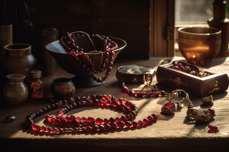 A beautifully arranged flat lay of various garnet jewelry pieces on a rustic wooden table necklaces rings and earrings in different shades of garnet 1