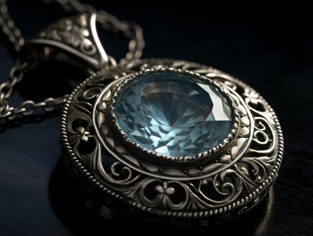 A close up photograph of a beautifully crafted silver pendant featuring a faceted aquamarine gemstone