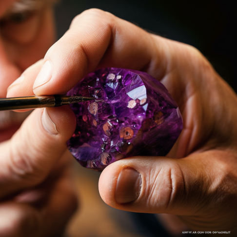 A close up photograph of a jewelers hands carefully examining a vibrant amethyst crystal