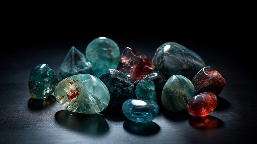 A collection of various cut aquamarine and bloodstone gemstones displayed on a black velvet surface