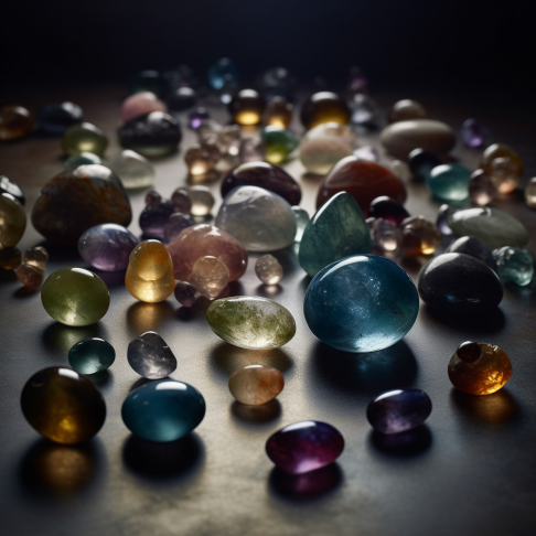 A collection of various mystical birthstones artfully arranged on a reflective surface