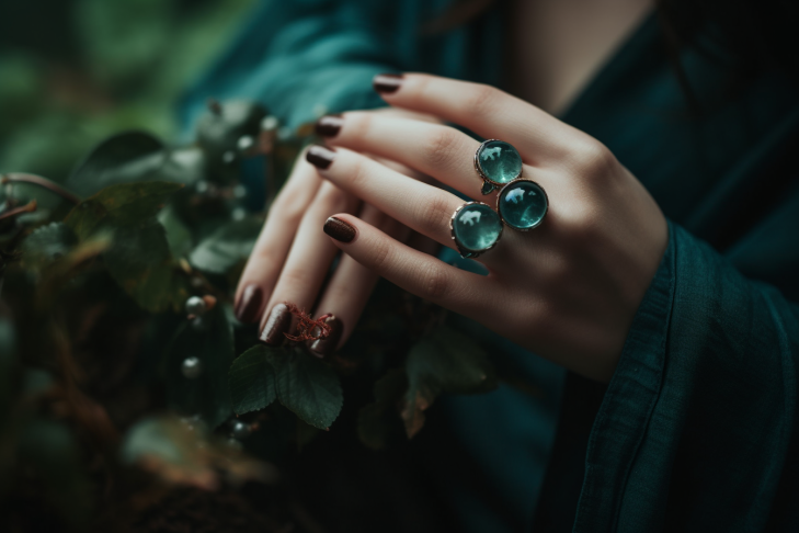 A photograph of a person wearing an aquamarine ring and a bloodstone bracelet on the same hand