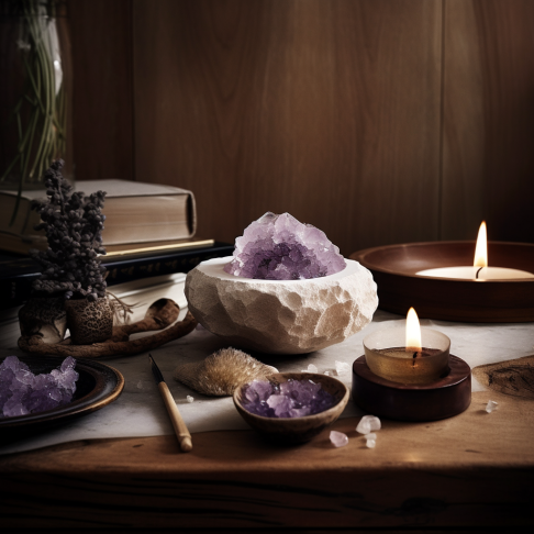 A serene and spiritual photograph of a meditative setting with an amethyst geode placed next to an incense burner