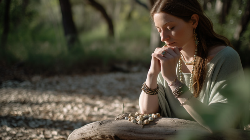 A serene peaceful scene of a person meditating outdoors adorned with a jade necklace and a jasper bracelet