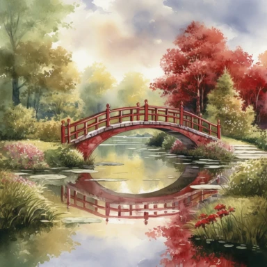 A serene watercolor illustration of a serene landscape featuring a peaceful river with a ruby studded bridge