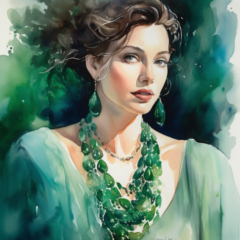 A serene watercolor painting depicting a woman wearing an emerald necklace