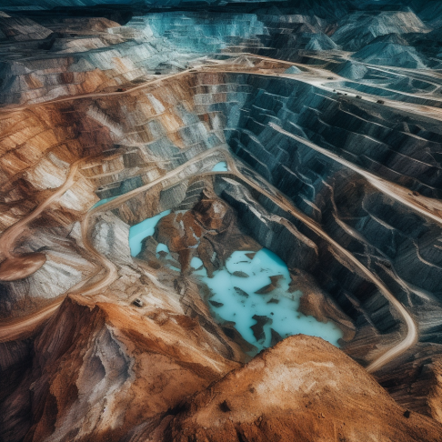 A striking aerial photograph of an open pit diamond mine