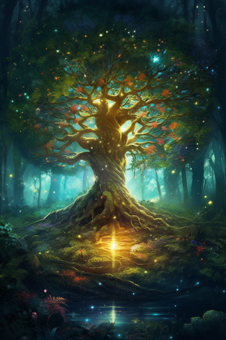 A striking digital illustration of an enchanting forest scene where a majestic tree stands at its center its branches adorned with various birthstones