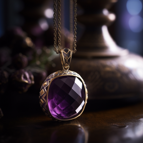 A striking image of a beautiful amethyst pendant suspended from a delicate gold chain