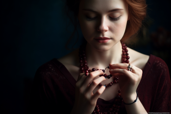 A striking portrait of a woman wearing a stylish garnet necklace her eyes closed as she gently touches the gemstone with her fingertips