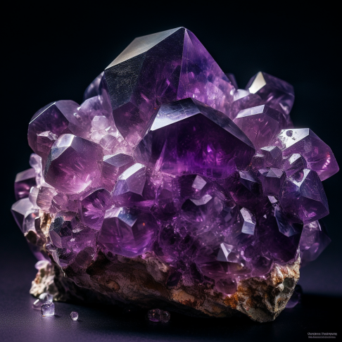 A stunning close up photograph of a vibrant amethyst crystal cluster