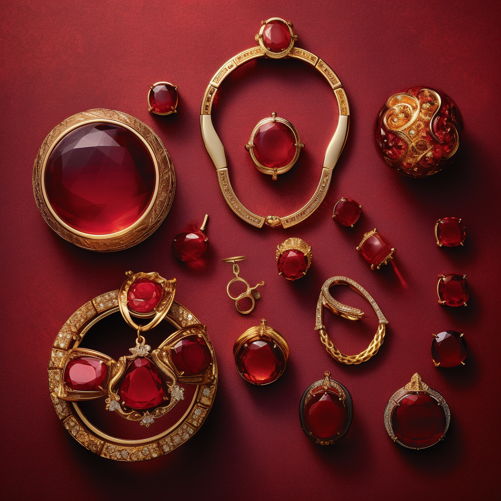 A stylish flat lay photograph of various pieces of ruby jewelry including rings earrings necklaces and bracelets