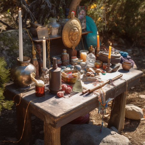 A tranquil scene of an outdoor Tibetan altar adorned with various mystical birthstones