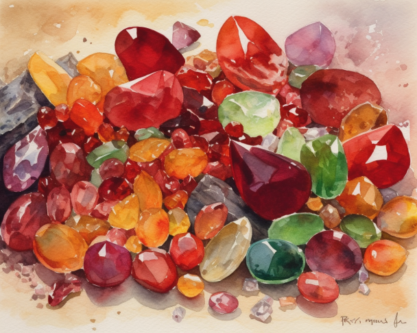 A vibrant watercolor painting of various garnet gemstones depicting the diverse color spectrum found within the garnet family