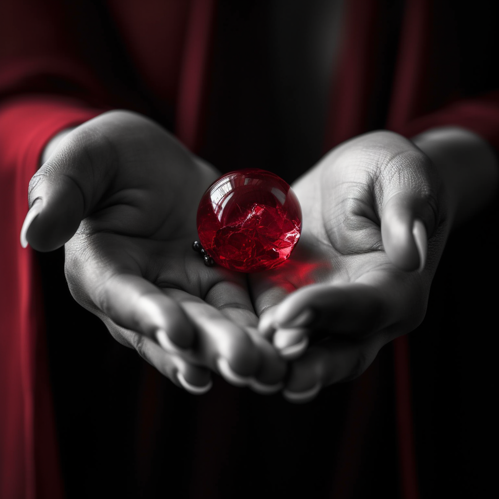 An artistic black and white photograph of a pair of hands gently holding a brilliantly cut ruby