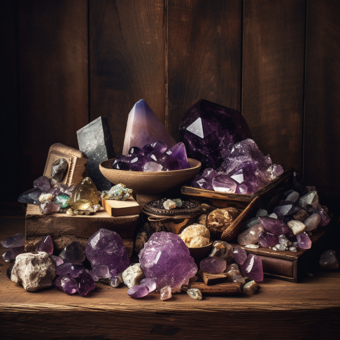 An artistic photograph of a collection of raw amethyst crystals from various sources around the world