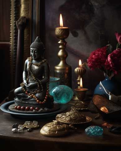 An artistic still life composition featuring a gold Siva linga figurine placed on a vintage wooden surface