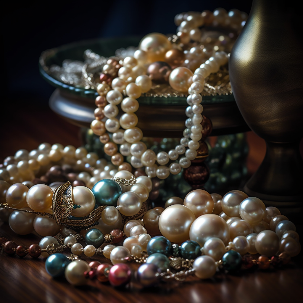 An elegant composition of various pearl jewelry pieces including rings necklaces earrings and bracelets