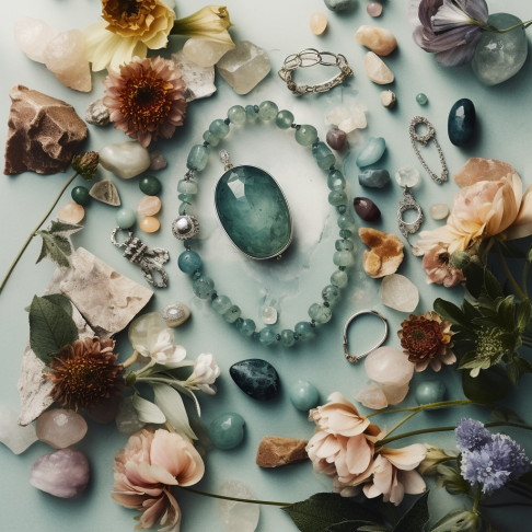 An elegant flat lay composition of assorted March birthstone jewelry including aquamarine and bloodstone rings necklaces and bracelets