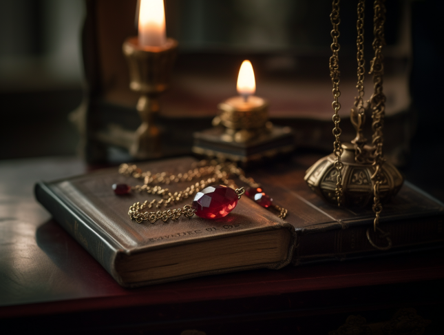 An elegant garnet pendant suspended from a gold chain resting on an open vintage book the deep red gemstone contrasting with the aged yellowed paper 1