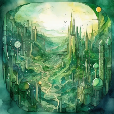 An engaging watercolor illustration of a whimsical Emerald City
