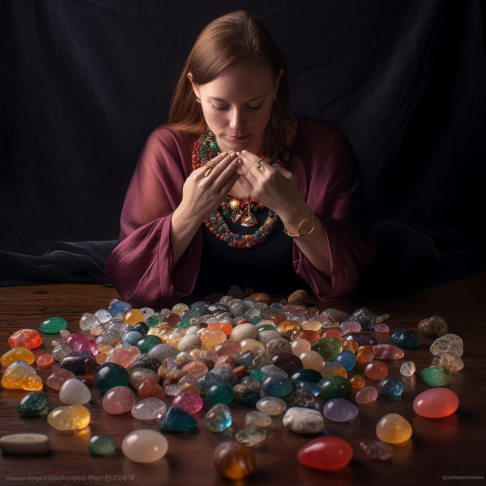 Birthstone Healing a person meditating with various birthstones on the body