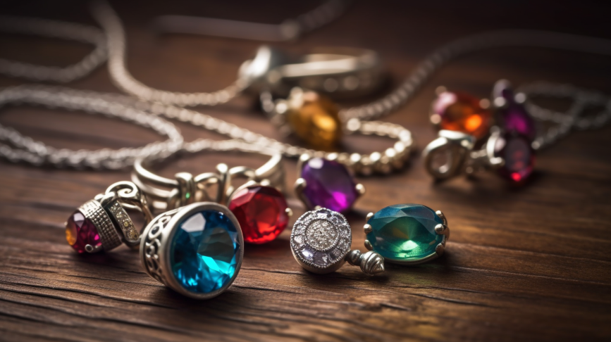 Birthstone jewelry collection a variety of gemstone jewelry pieces displayed on a wooden surface