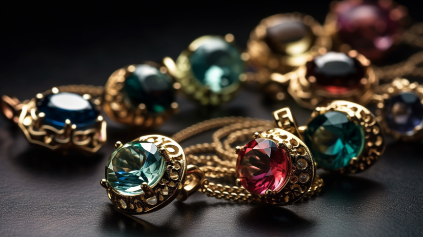 Birthstone jewelry collection selective focus on various types of jewelry adorned with different birthstones