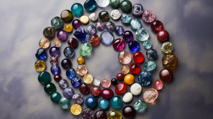 Collection of birthstones an overhead shot of various birthstones arranged in a circle
