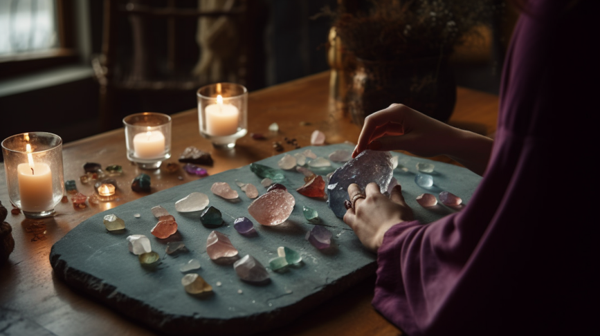 Crystal healing set up a serene indoor setting with birthstones placed on a persons body during a crystal healing session