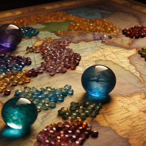 Eastern birthstones displayed on a world map Close up of various gemstones placed on the regions of their cultural origins