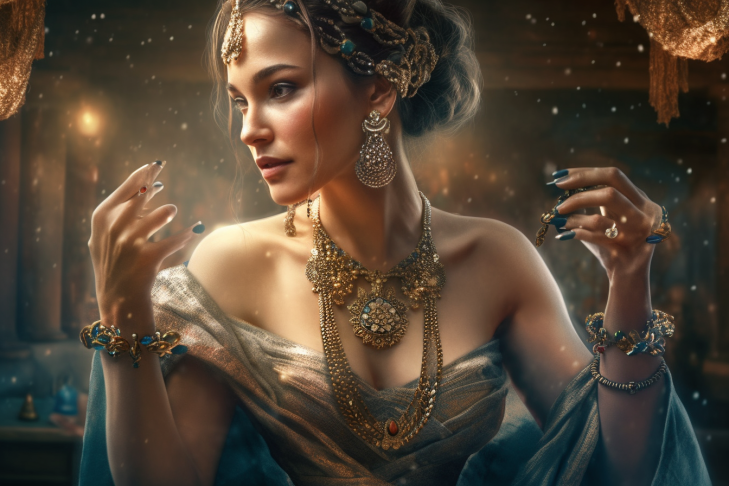 Elegant digital art depicting a woman wearing a delicate necklace adorned with her birthstone