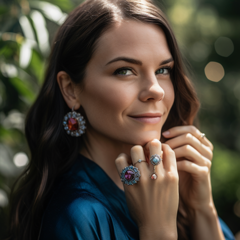 Person Wearing Birthstone Jewelry a woman wearing a birthstone ring and earrings