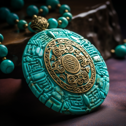 Tibetan birthstone jewelry with carved symbols Close up of a turquoise pendant with intricate carvings