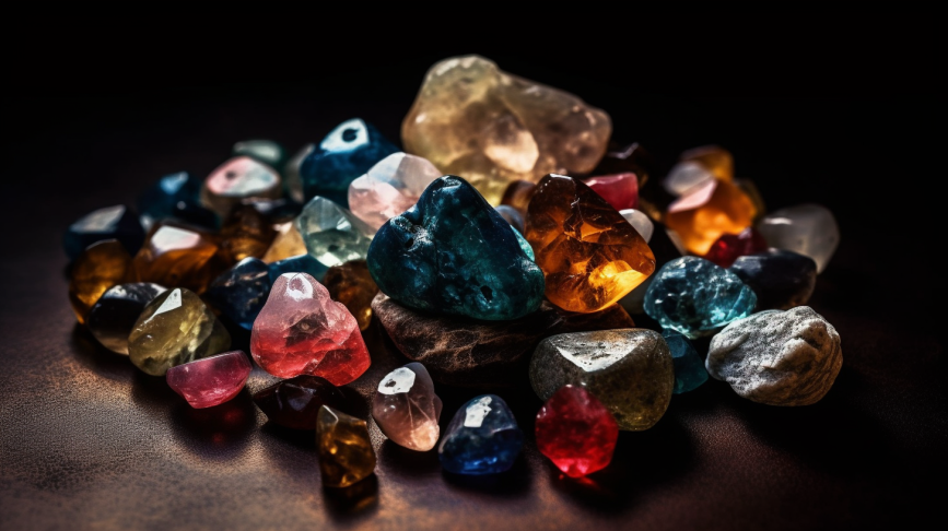 Variety of raw birthstones an assortment of uncut gemstones on a dark background 1