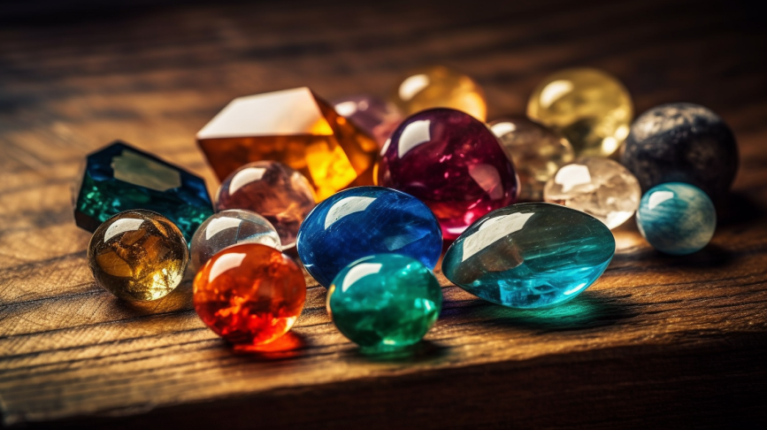 Various birthstones on a wooden surface close up shot of an assortment of colorful gemstones
