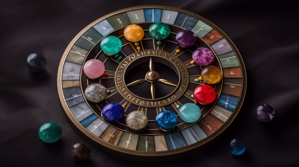 Zodiac wheel with gemstones twelve gemstones arranged in a circle around a zodiac wheel