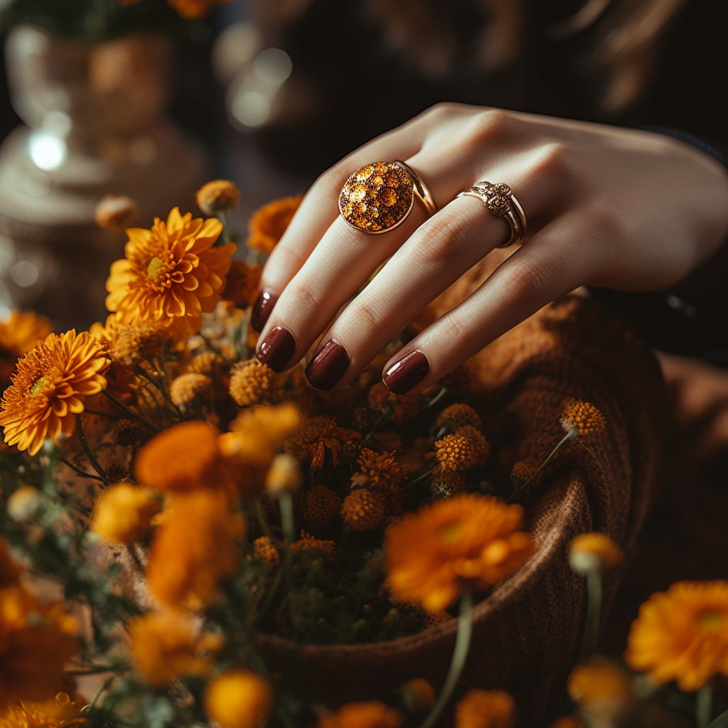 A beautiful shot of a hand wearing a ring studded with a golden Citrine stone 1