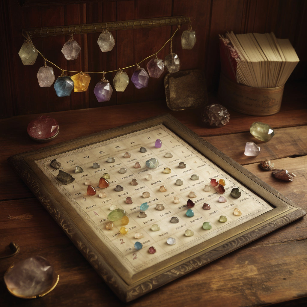 A beautifully illustrated calendar with gemstones representing each month of the year