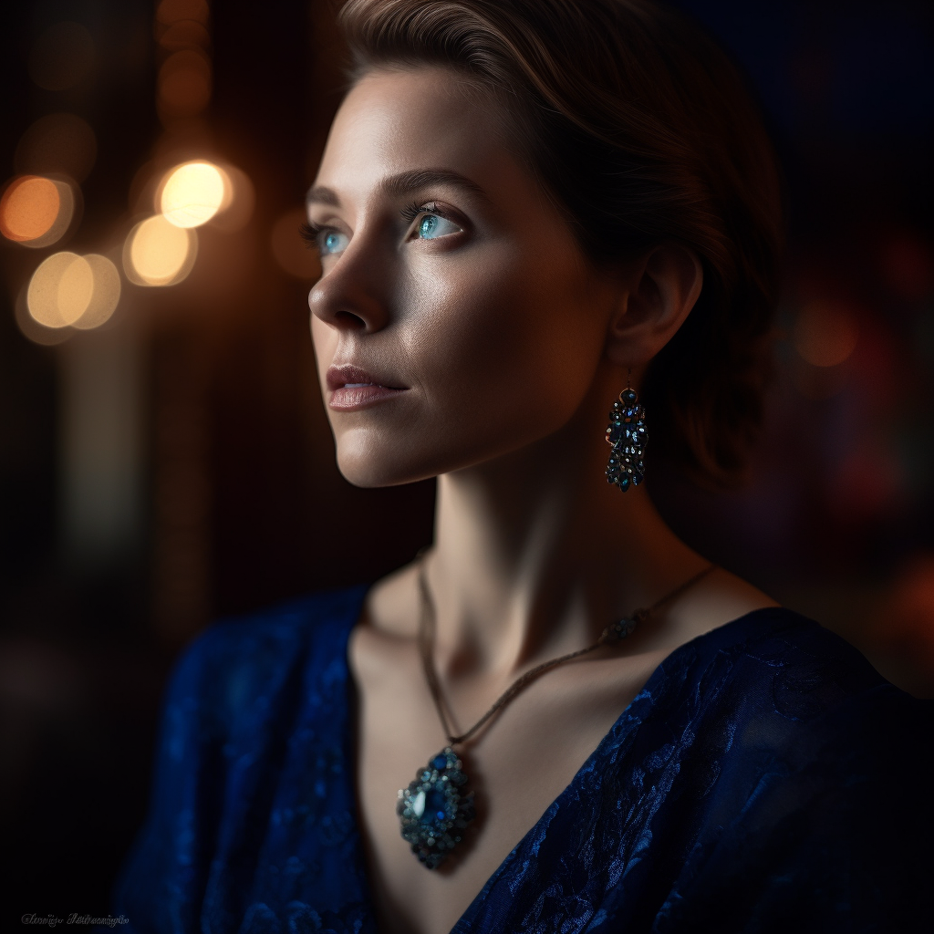 A captivating photograph of a woman wearing an elegant sapphire pendant