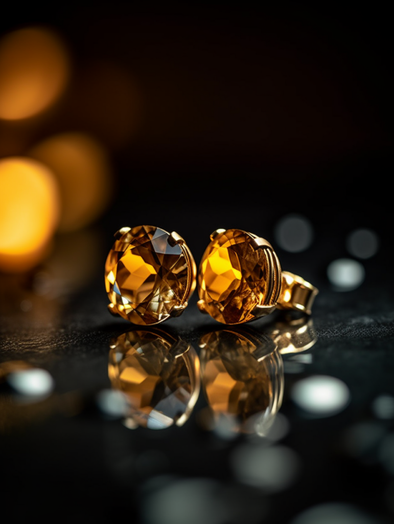 A captivating photograph of dainty citrine stud earrings resting on a polished mirror surface