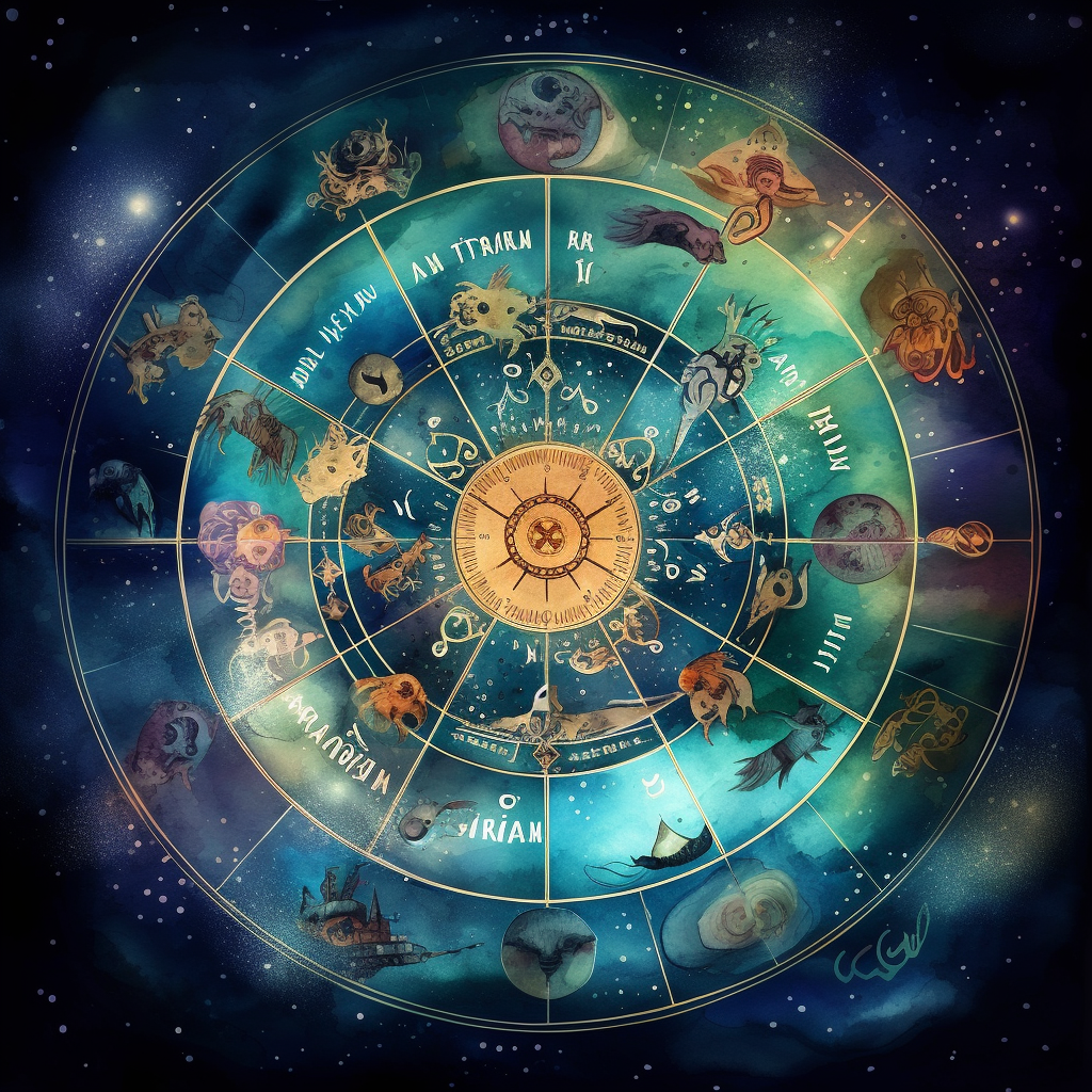 A celestial wheel of zodiac sign symbols with the corresponding birthstones
