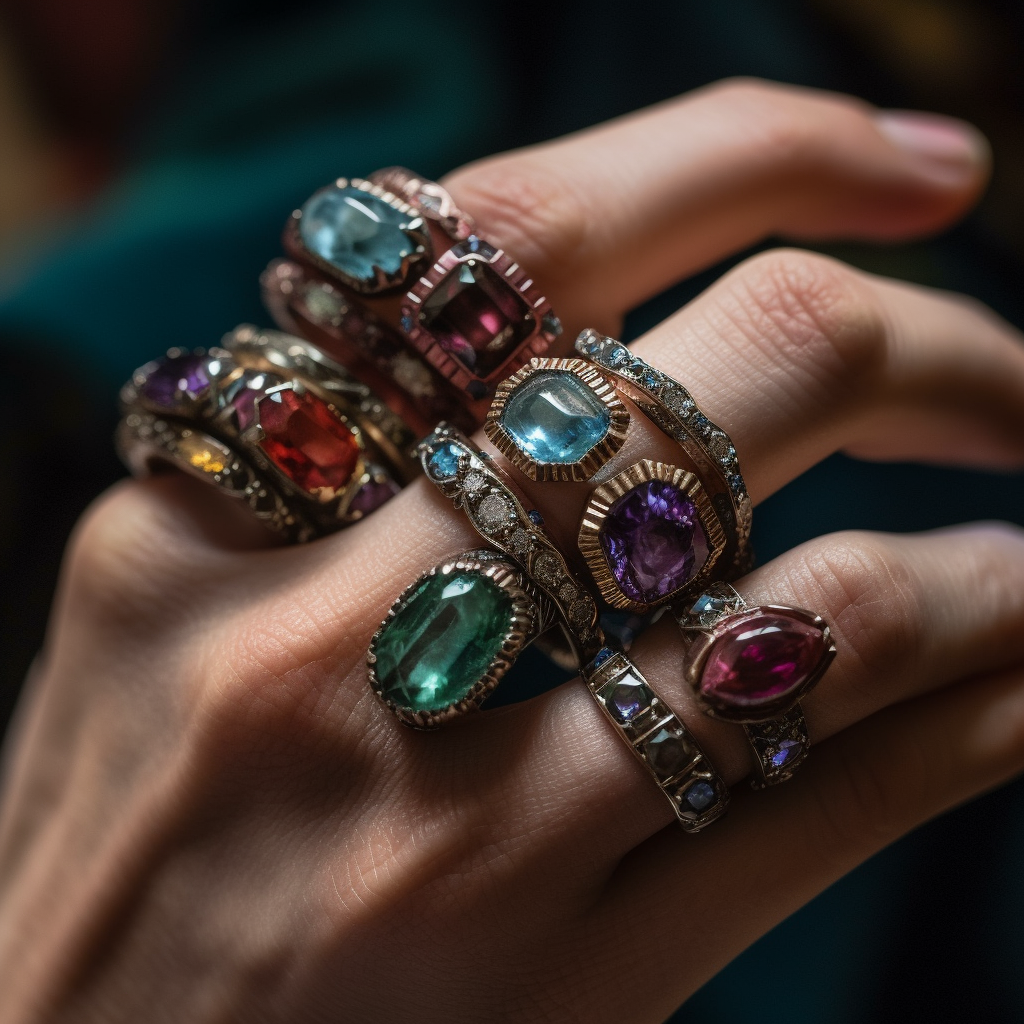 A close up high resolution photograph of a womans hand adorned with rings each set with a different birthstone