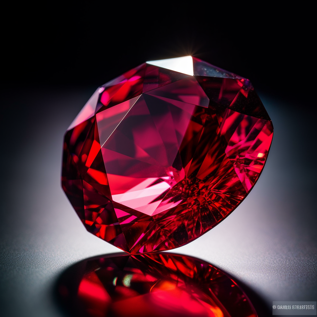 A close up macro photograph of an artificial ruby gemstone produced in a lab