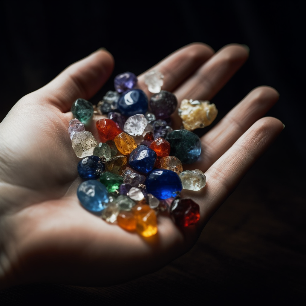 A close up shot of a handful of various gemstones including diamonds sapphires opals white topaz and quartz