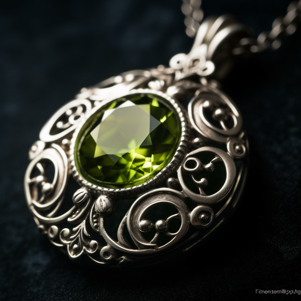 A close up shot of an ornate silver pendant featuring a flawless Peridot gemstone