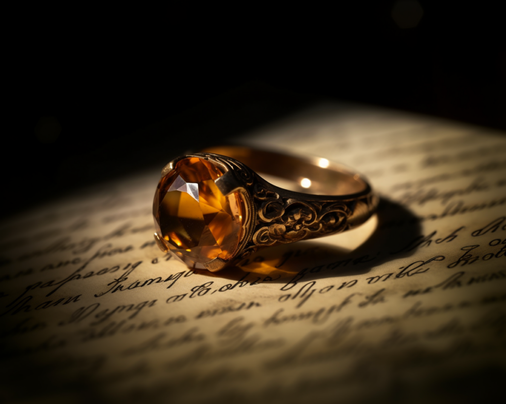 A compelling image of a citrine ring displayed against a vintage handwritten letter symbolizing the historical significance