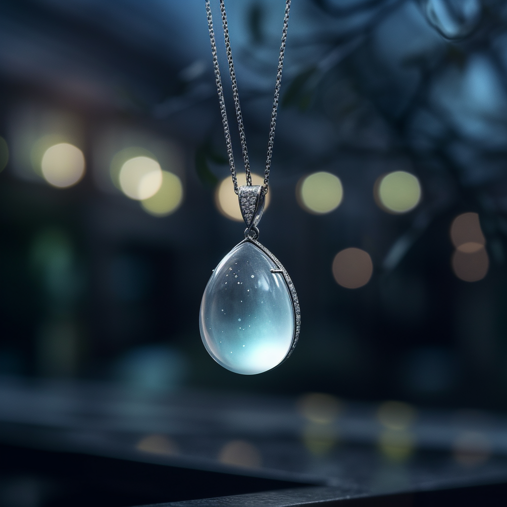 A delicate moonstone pendant hanging against a backdrop of a night sky